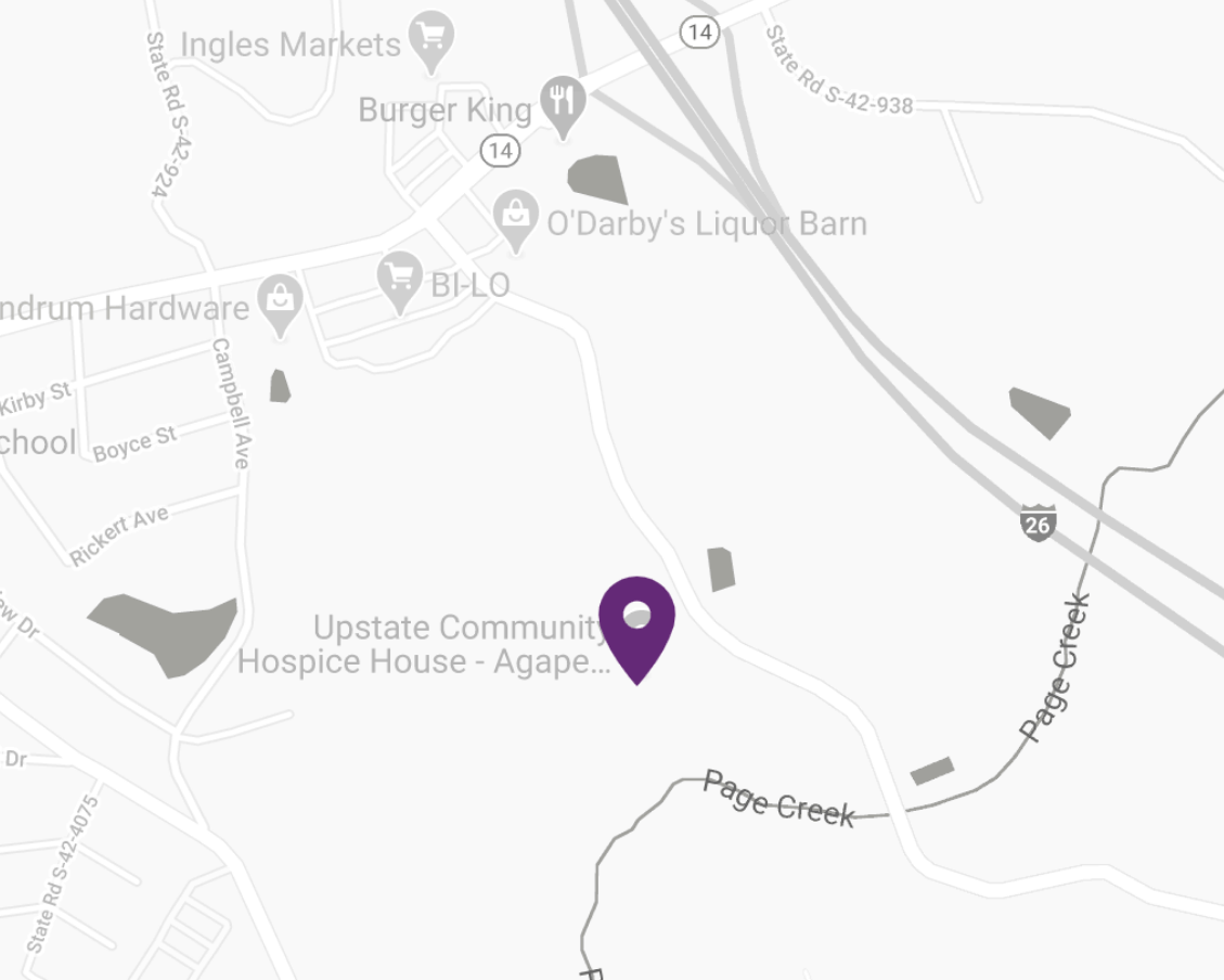 A map showing Upstate Community Hospice House.
